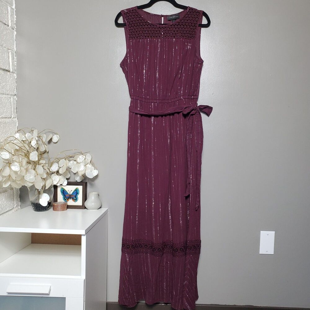 Lane Bryant Maxi Dress Womens Size 10/12 Burgundy Metallic Stripe Sleeveless